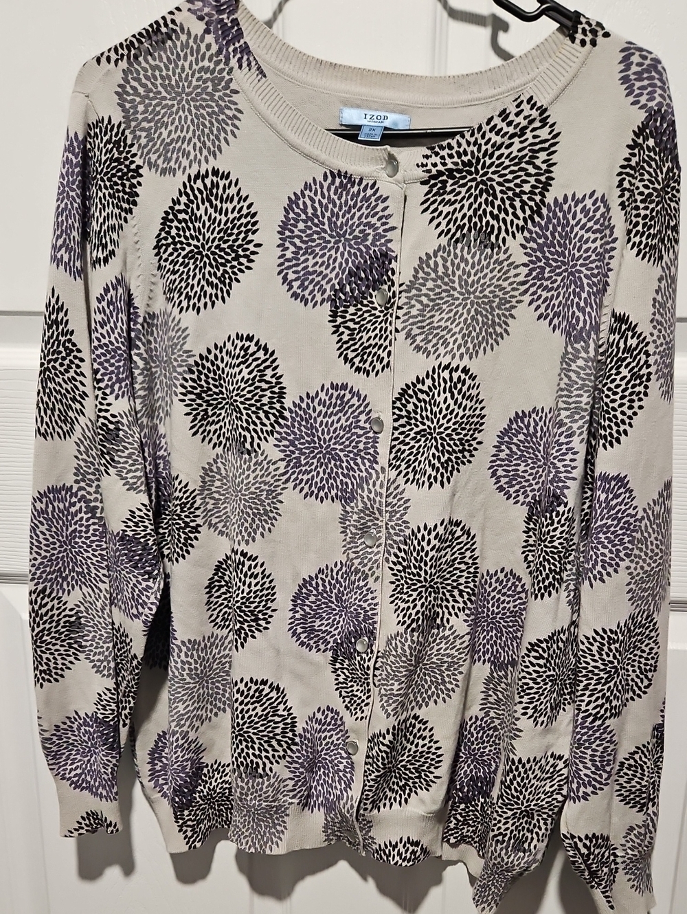 Izod Women's Gray Cardigan Sweater with Black Gray And Purple Floral Print 2XL